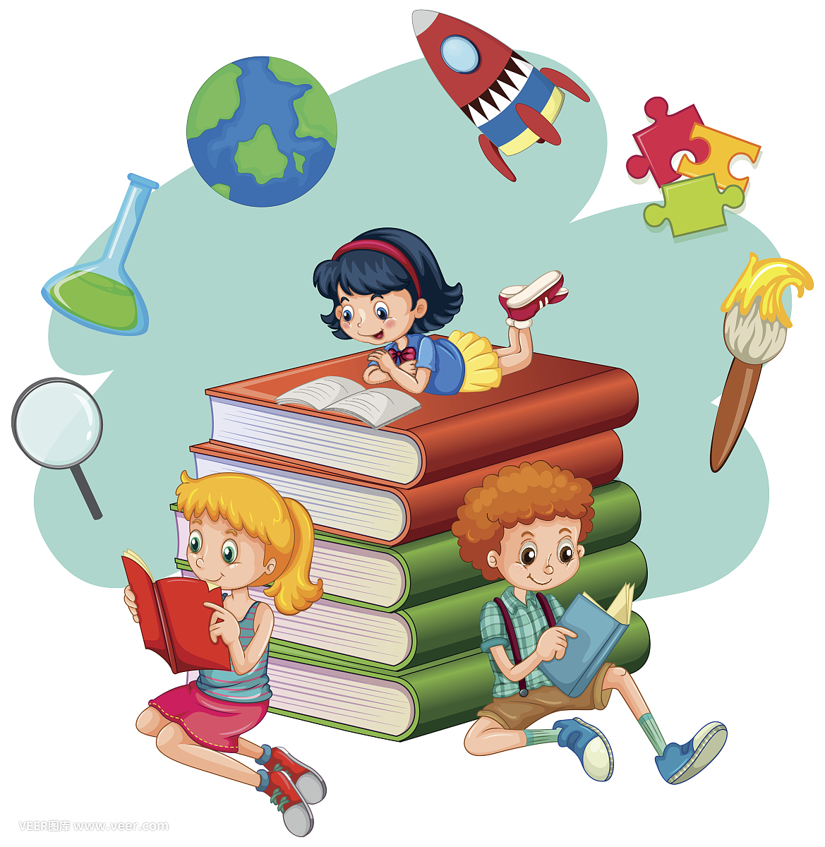 三個孩子在看書